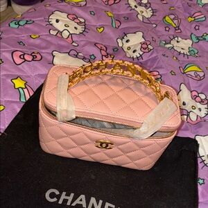 Pink Quilted Cosmetic Case with Gold Details